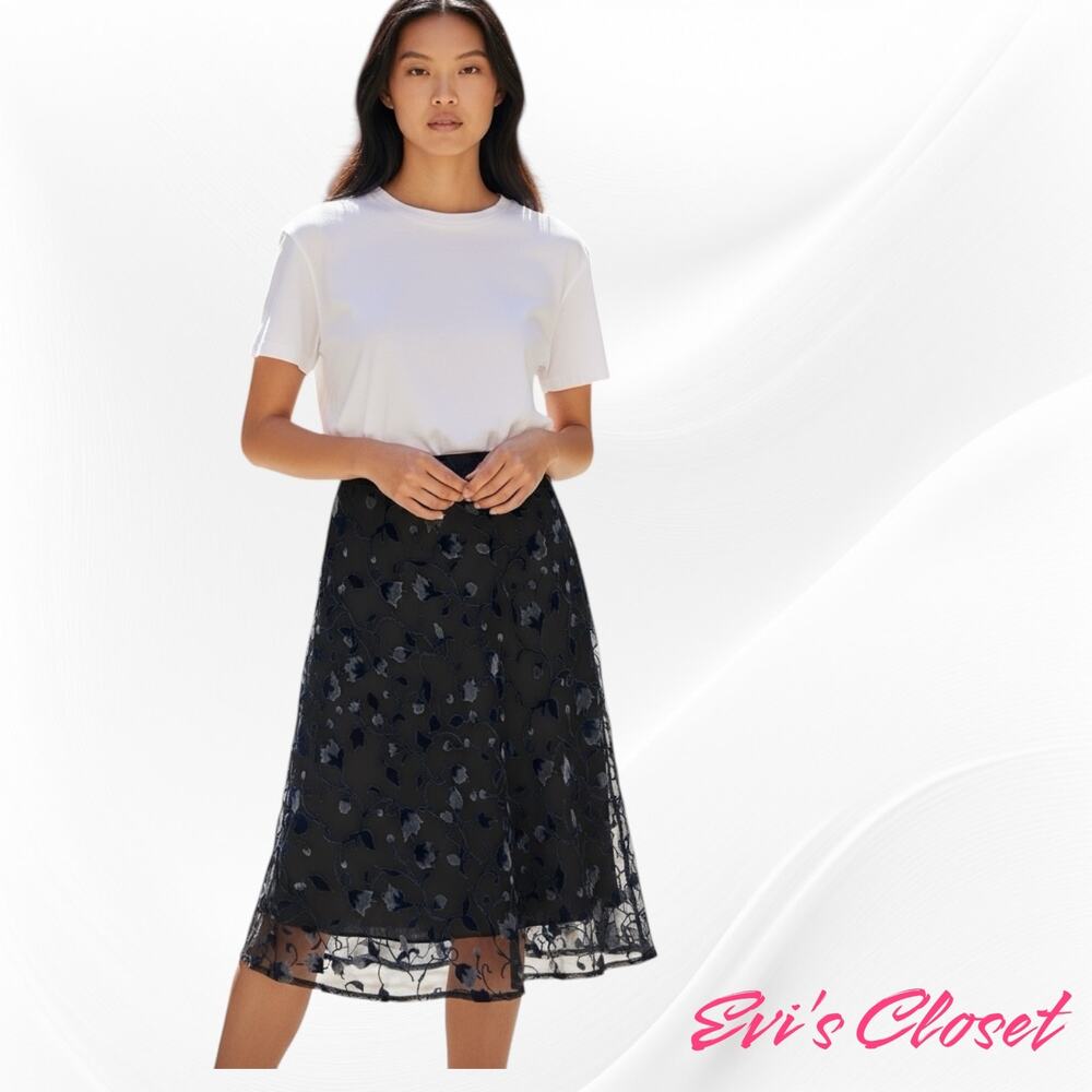 Lapis BlackWomen's Sz S Black Sheer Chiffon With Blue Velvet Flowers.